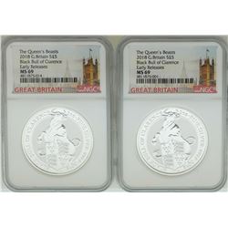 Lot of (2) 2018 Great Britain 5 Pound Queen's Beasts Silver Coins NGC MS69 Early