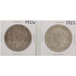 1922 & 1926 $1 Peace Silver Dollar Coins