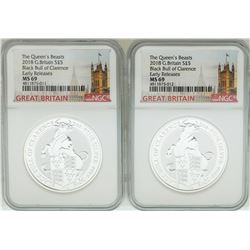 Lot of (2) 2018 Great Britain 5 Pound Queen's Beasts Silver Coins NGC MS69 Early