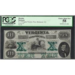 1862 $10 Virginia Treasury Note Obsolete PCGS Choice About New 58