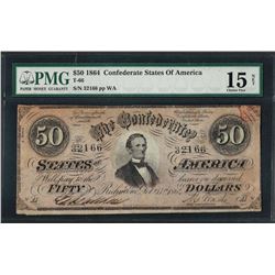 1864 $50 Confederate States of America Note T-66 PMG Choice Fine 15 Net