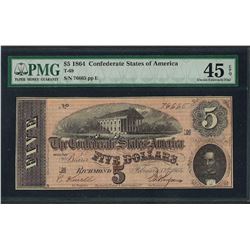 1864 $5 Confederate States of America Note T-69 PMG Choice Extremely Fine 45EPQ
