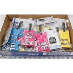 LOT OF NEW LUGGAGE TAGS, AND COLORED SUITCASE