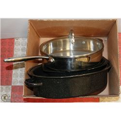 BOX WITH ROASTER PAN AND LARGE POT WITH LID