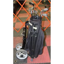 CANADIAN CLUB GOLF BAG WITH 8 CLUBS AND ROLLING