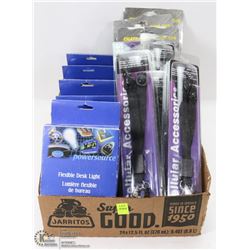 FLAT OF FLEXIBLE DESK LIGHTS AND EARPHONES