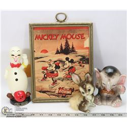 BOX WITH 1940 MICKEY MOUSE MATH GLASS AND FIGURES