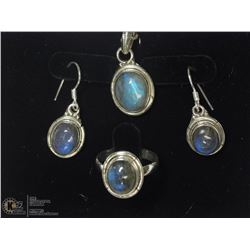 40) STERLING SILVER LABRADORITE NECKLACE, RING