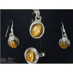 42) STERLING SILVER TIGER'S EYE NECKLACE, RING