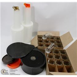 LOT OF BAR ACCESSORIES INCL NEW SHOT GLASSES