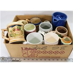 5) LOT OF 11 MUGS ASSORTED SIZES , INCLUDES 2 BEER