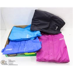FLAT OF COLEMAN RAIN WEAR INCL 3 KIDS JACKETS