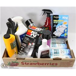 LARGE BOX OF AUTO CARE ITEMS AND HOUSEHOLD