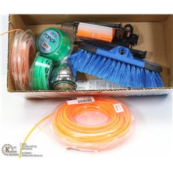 BOX OF GARDENING ITEMS INCL. HOSE BRUSH,