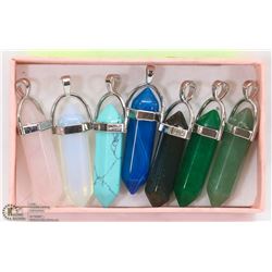 LOT OF SEVEN ASSORTED SEMI-PRECIOUS PENDANTS.