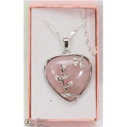 ROSE QUARTZ HEART SHAPED SEMI PRECIOUS PENDANT W/