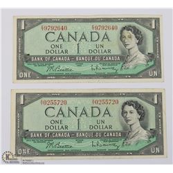 TWO 1954 CANADIAN $1 BANK NOTES