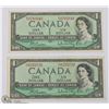 TWO 1954 CANADIAN $1 BANK NOTES