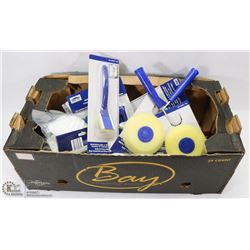 BOX OF MIXED PAINT BRUSHES, ROLLERS AND MORE.