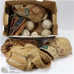 LOT OF 5 BASEBALL GLOVES AND BALLS