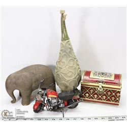 CERAMIC BIRD, ELEPHANT MOTORCYCLE DECOR ITEMS