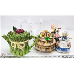 BOX OF WINE GLASSES, TEAPOT, FIGURINES