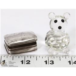 ANTIQUE STERLING SILVER PILL BOX WITH CRYSTAL BEAR