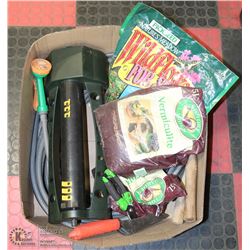 BOX OF GARDENING SUPPLIES INCL. HOSE