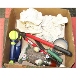 XL BOX W/GARDENING ITEMS INCL. RESIN GIRL
