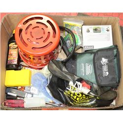 LARGE BOX OF CAMPING SUPPLIES INCL. BBQ