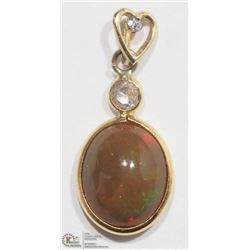 8) 14KT YELLOW GOLD OVAL OPAL DIAMOND PENDANT