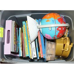 TUB OF ASSORTED GIRLS TOYS, ACTIVITIES & BOOK.