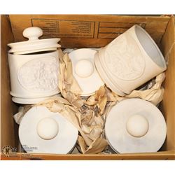 BOX OF POTTERY CANISTERS, PAINTABLE