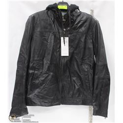 DANIER MENS BLACK LEATHER JACKET SIZE XL, HOODED
