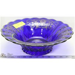 BLUE GLASS BOWL WITH SILVER ETCHING