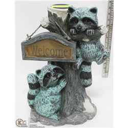 RESIN RACCOON WELCOME STATUE - 16"H X 12"W.