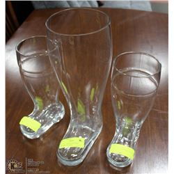 SET OF 3 LARGE GLASS BOOT DRINKING GLASSES -