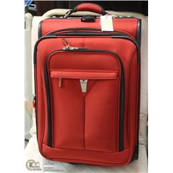 DELSEY RED CARRYON PULL ALONG SUITCASE.
