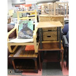 LOT OF ASSORTED FURNITURE INCL COFFEE TABLE,