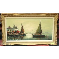 VINTAGE ROSET SIGNED OIL ON CANVAS SHIP PICTURE