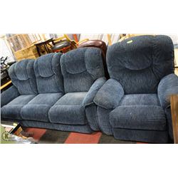 BLUE FABRIC RECLINING SOFA WITH CHAIR AS IS