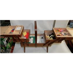 VINTAGE WOOD ACCORDIAN SEWING MACHINE W/ CONTENTS