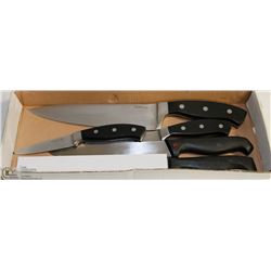 BOX OF KITCHEN KNIVES ONEIDA AND JA HENCKELS.