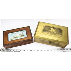 ANTIQUE ENGRAVED METAL SHIP'S TRINKET BOX WITH