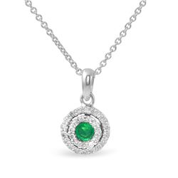 14KT White Gold Emerald and Diamond Pendant with Chain