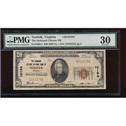 1929 $20 The Seaboard Citizens Nation Bank Note PMG 30