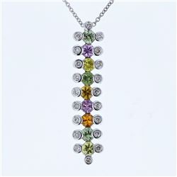 14KT White Gold 1.48ctw Multi Color Sapphire and Diamond Pendant with Chain