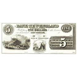 1800's $5 Bank of New England, East Haddam, CT Obsolete Bank Note