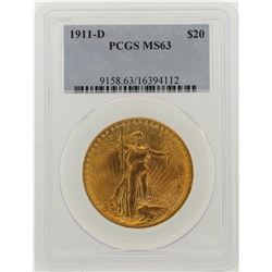 1911-D $20 St. Gaudens Double Eagle Gold Coin PCGS MS63