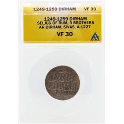 1249-1259 Dirham Seljug of Rum 3 Brothers Coin ANACS VF30